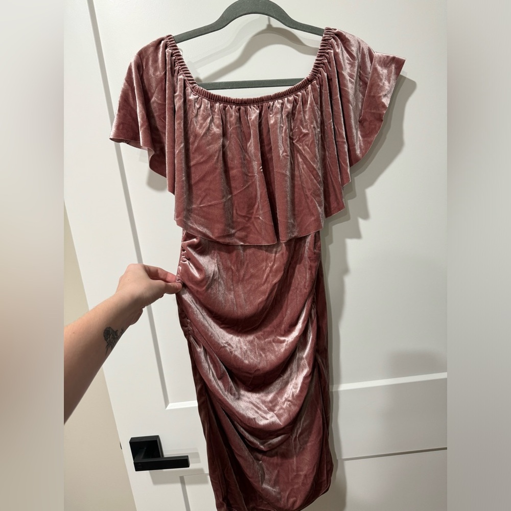 Maternity Pink Velvet Off-Shoulder Dress